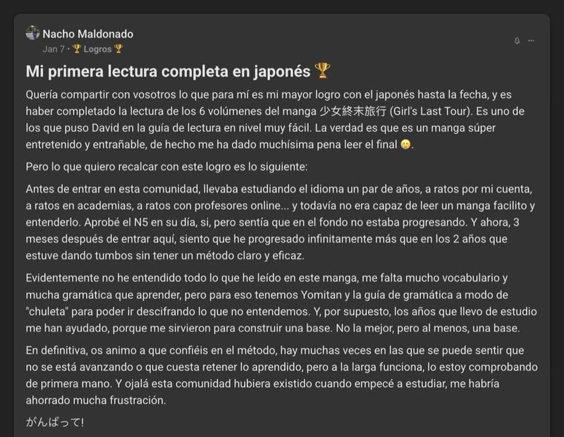 Captura del testimonio de Nacho Maldonado en Skool