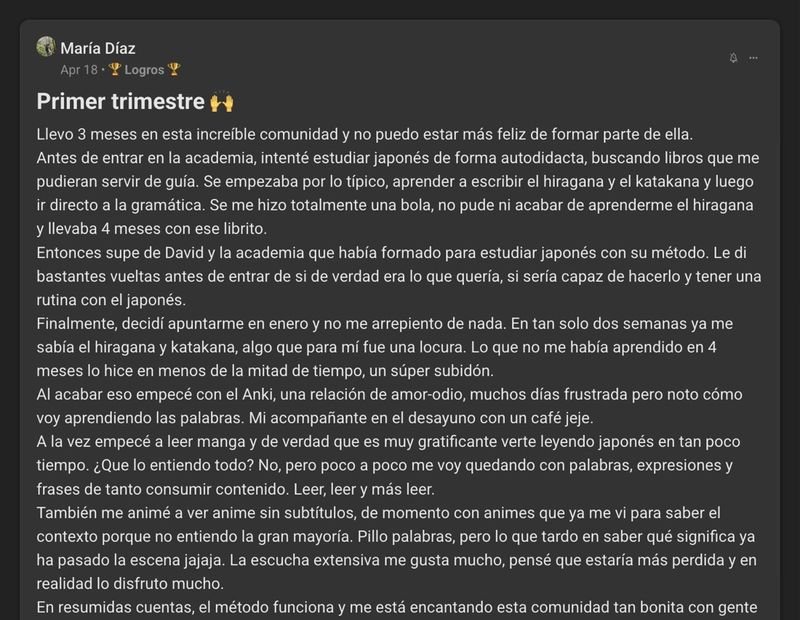 Captura del testimonio de María Díaz en Skool