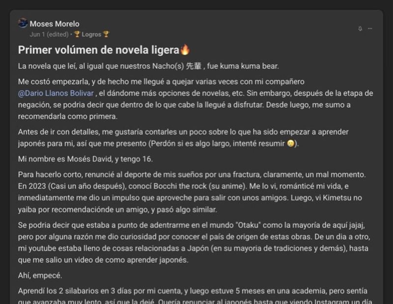 Captura del testimonio de Moses Morelo en Skool