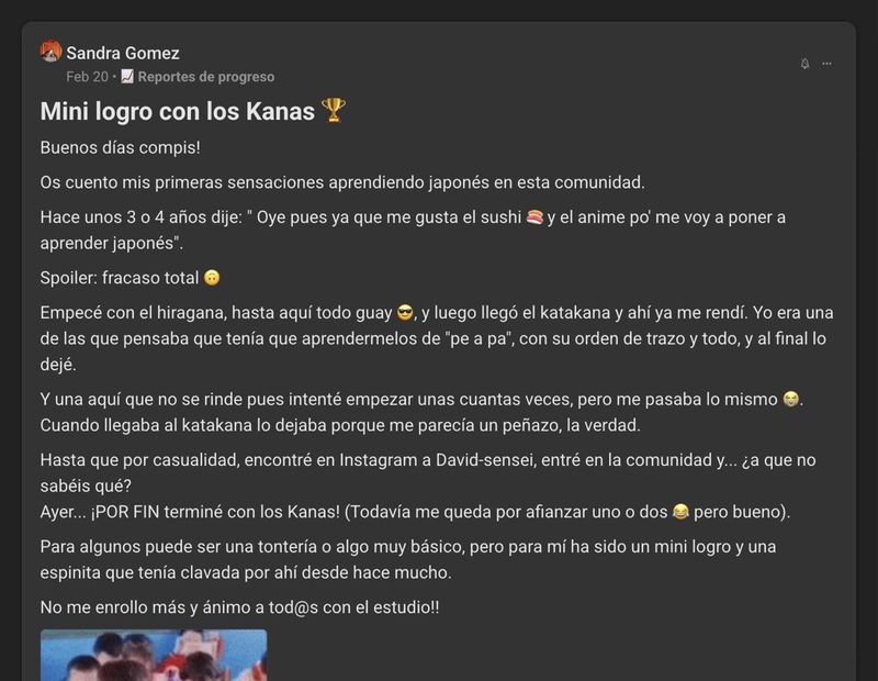Captura del testimonio de Sandra Gómez en Skool