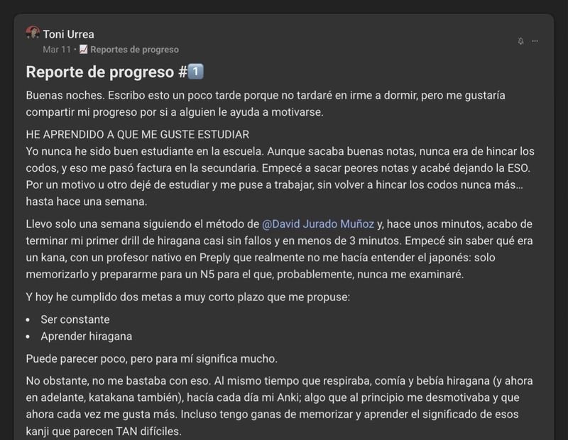 Captura del testimonio de Toni Urrea en Skool