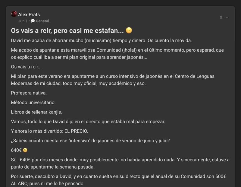 Captura del testimonio de Alex Prats en Skool