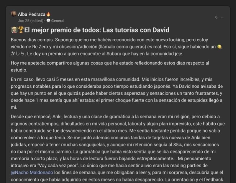 Captura del testimonio de Alba Pedraza en Skool