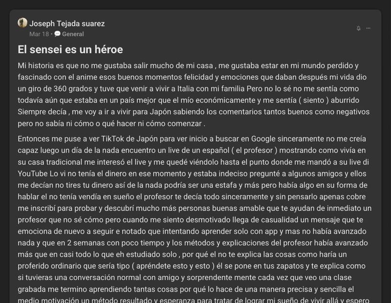 Captura del testimonio de Joseph Tejada en Skool