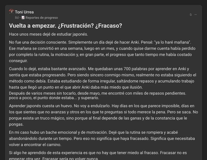 Captura del testimonio de Toni Urrea en Skool