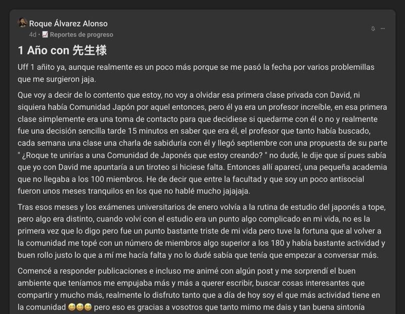 Captura del testimonio de Roque Álvarez en Skool