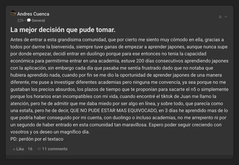 Captura del testimonio de Andrés Cuenca en Skool
