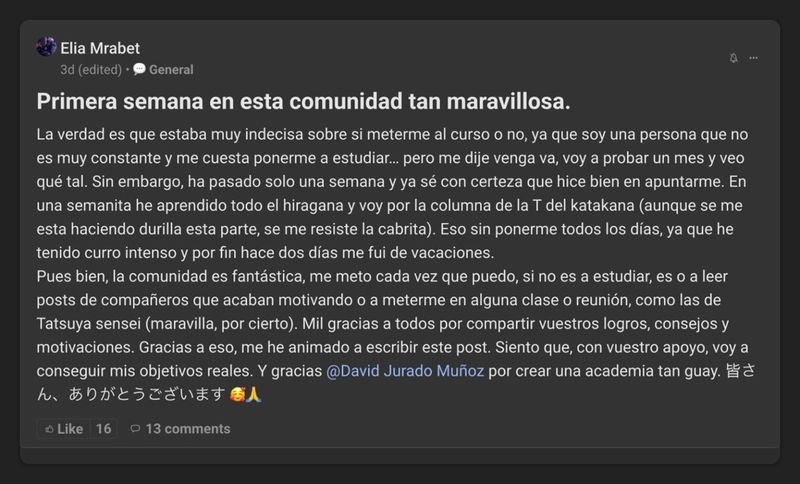 Captura del testimonio de Elia Mrabet en Skool